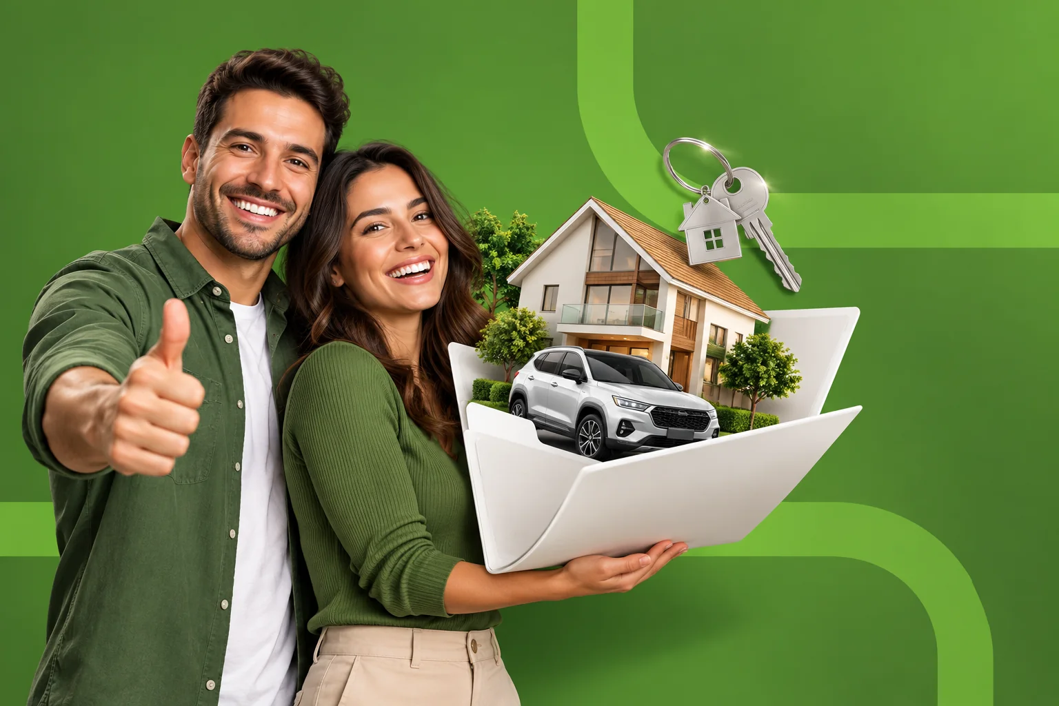 Casal sorri enquanto segura uma casa e um carro em uma composição sobre cartas de crédito.