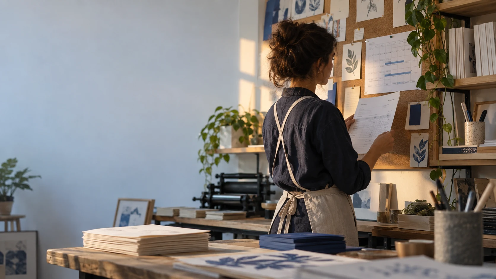 Empreendedora consulta seu planejamento e documentos em um ateliê