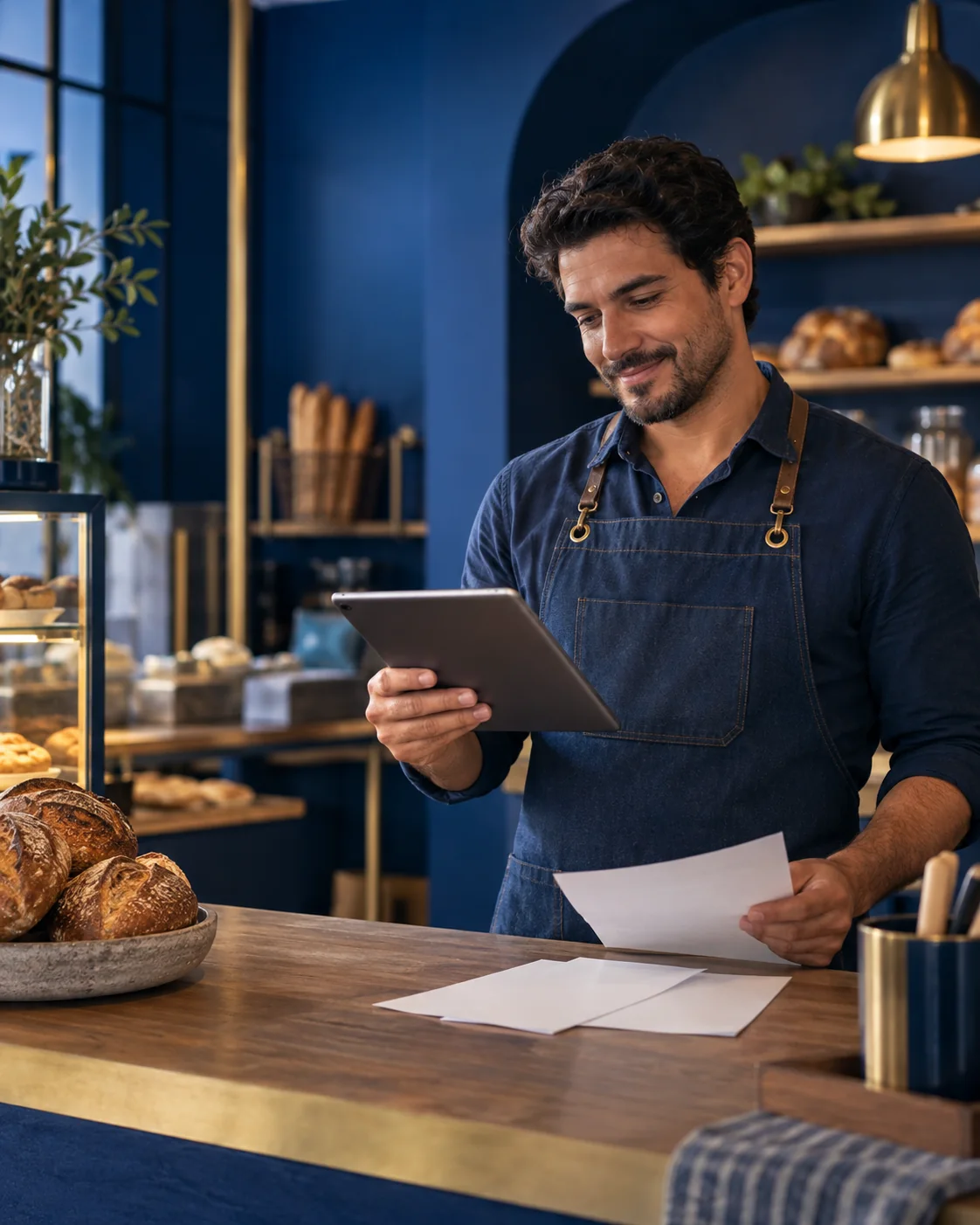 Empreendedor de uma padaria revê documentos e um tablet no balcão.