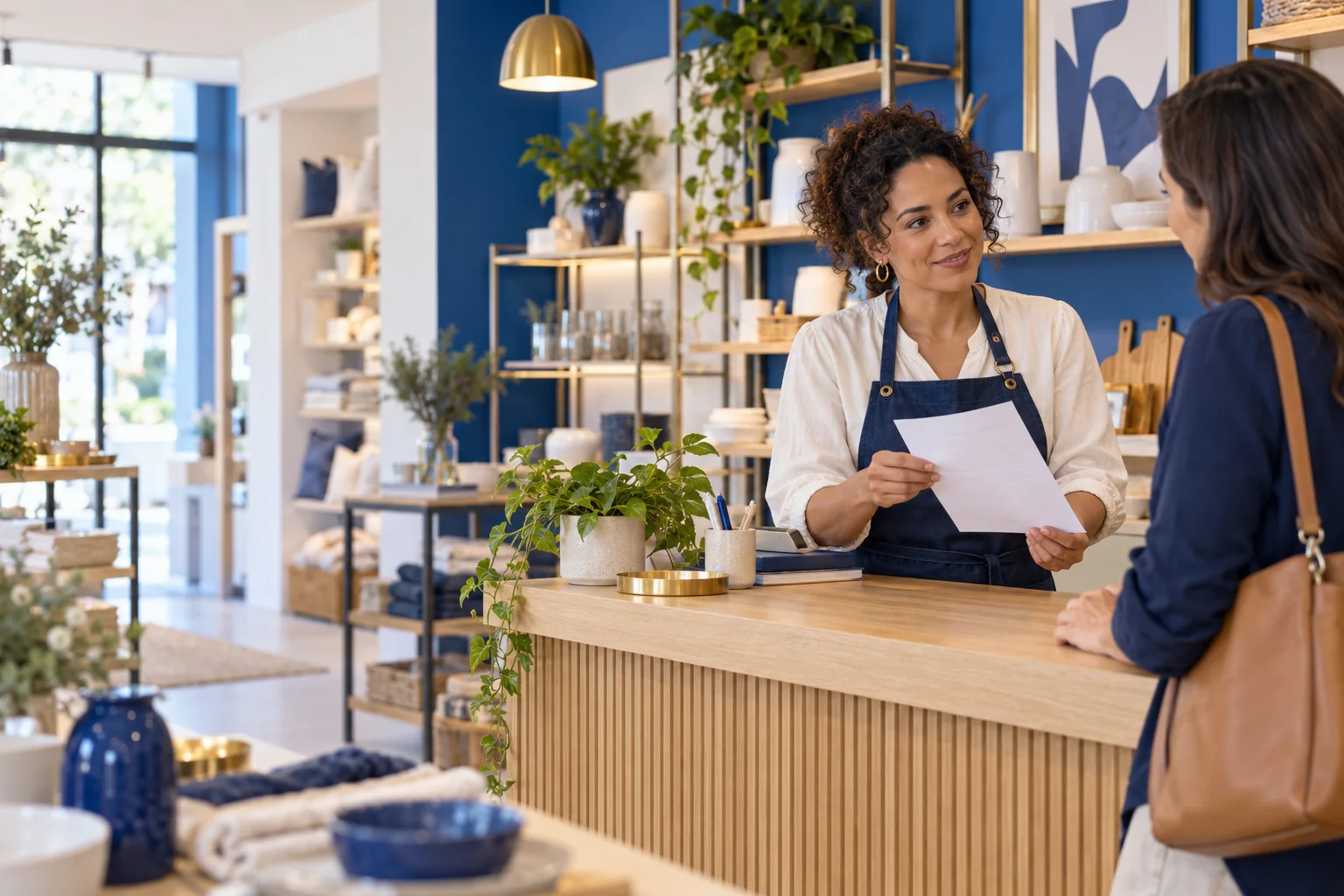 Empreendedora conversa com uma cliente e apresenta um documento na boutique.