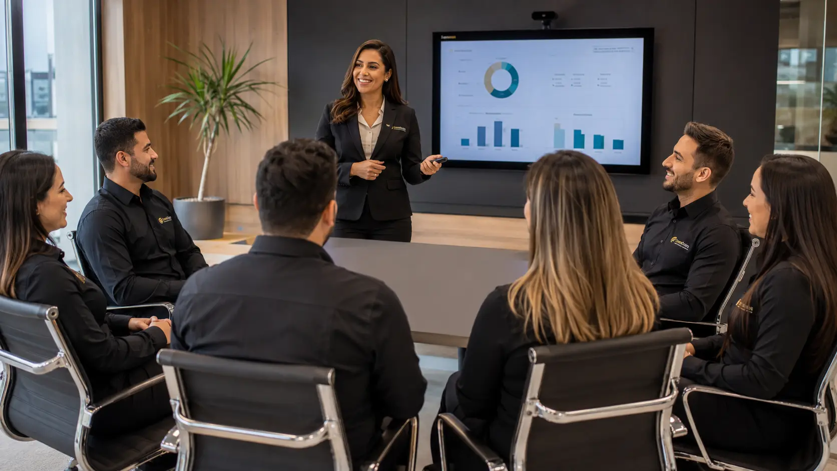Consultora CredMais apresentando análise de recebíveis para clientes em sala de reunião